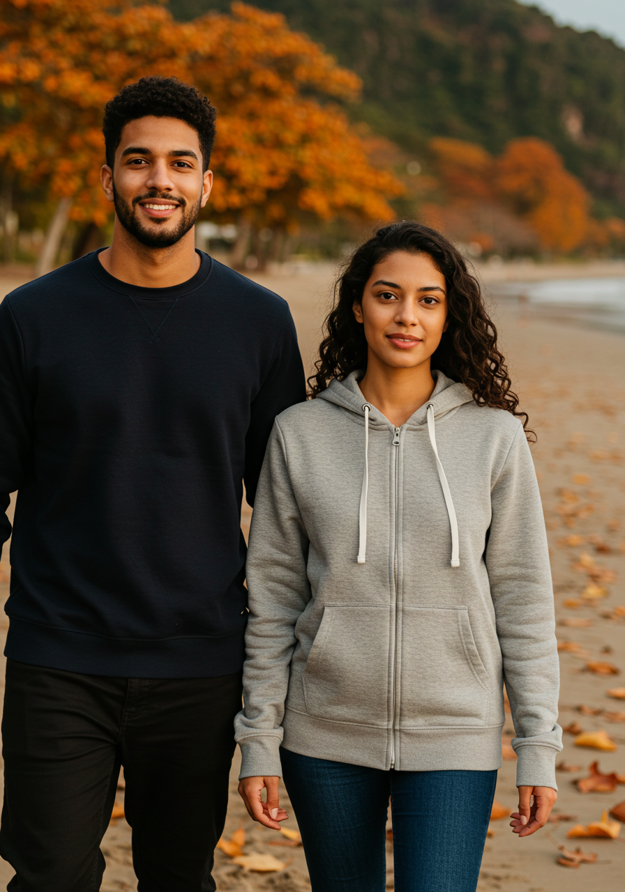 Casal vestindo moletons na praia